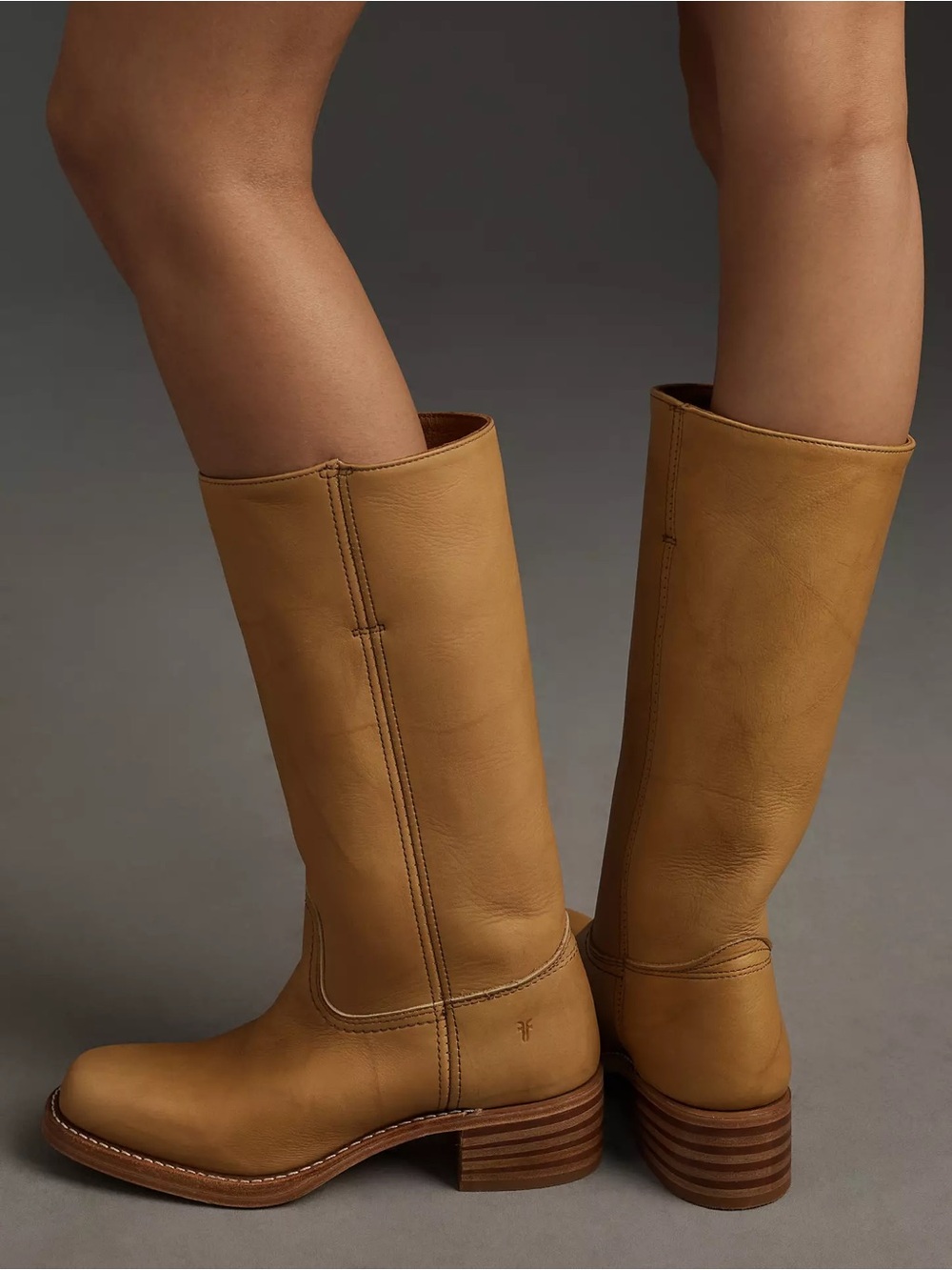 Frye Tan Leather Knee-High Stacked Heel Boots